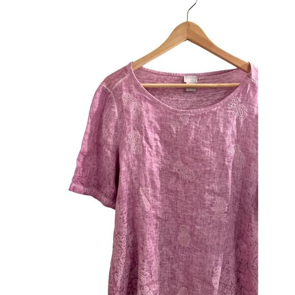 Chicos Size M Washed Magenta 100% Linen Blouse Embroidered Floral Pattern - Picture 3 of 7